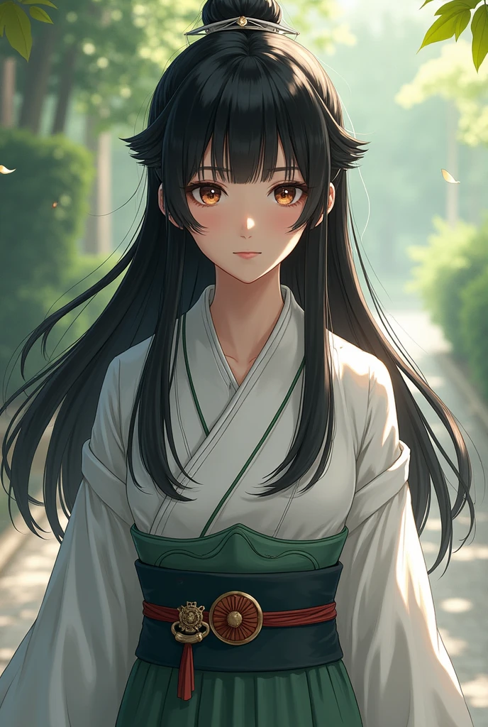 A girl with long straight black hair with bangs similar to Hinata Hyuga with brown eyes wearing a priestess outfit