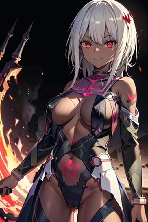 Red Necromancer, Blood Moon, Ray Tracing, masterpiece, Highest quality, super high quality, Absurd detailed, best Light, Best Shadow, sharp, sharp image, detailed, extremely detailed, Amazing resolution, 8k, 4K, Ultra-high resolution, Particle Effects, Beautiful Effects, Vibrant colors, neon Light, neon, Light,(corruption:1.2),(Hollow Eyes:1.2),(Groin tattoo:1.3),(Lower abdomen tattoo:1.3),(Wicked Smile:1.3),((((((Dark skin)))))), (((((white hair))))), ((((red eye)))), (Huge breasts),(Absurd, incredibly Absurd, Large file size, Very detailed, High-quality texture, Physically Based Rendering, Ray Tracing, Octane Rendering, Sharp focus, (8k), (4K), (masterpiece), (Highest quality), Very detailed, Complex, Super detailed, figure, Soft lighting, High resolution, Sharp details,)