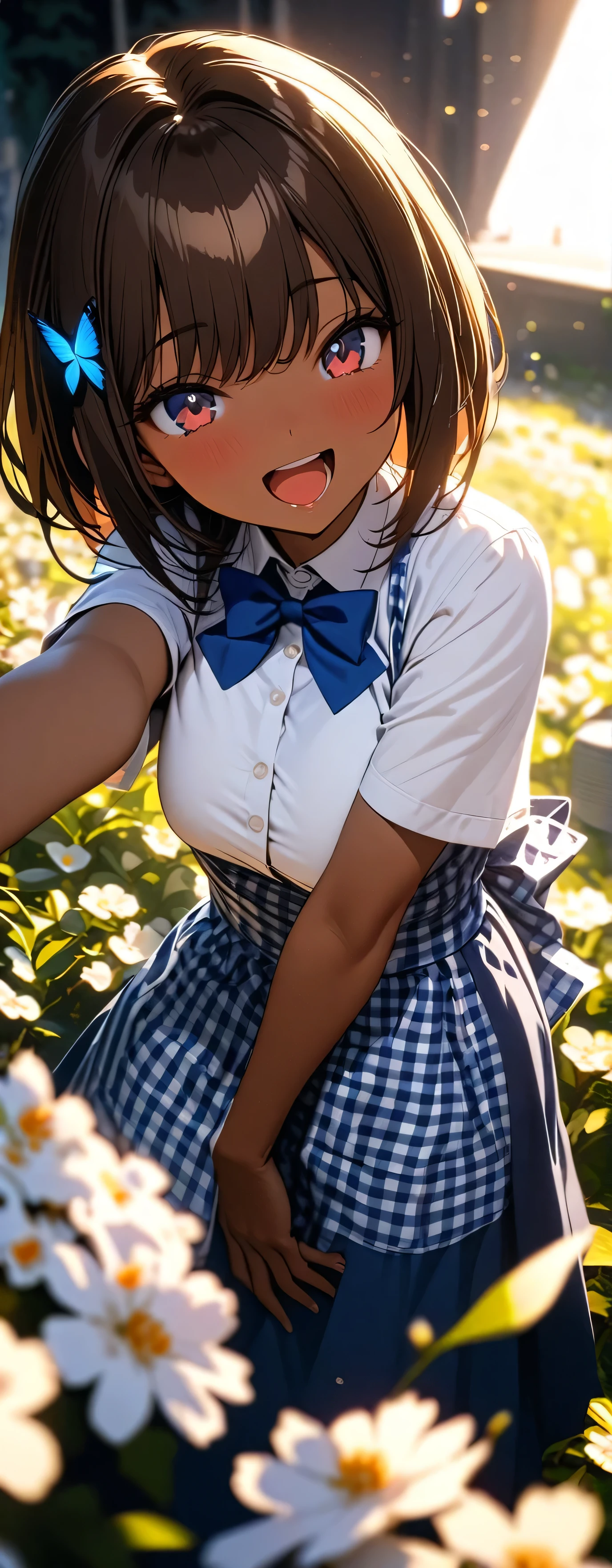 (beautiful girl: 1.3),One person,masterpiece, Highest quality, Ultra-high resolution,Rich contrast,super high quality,8k,Highly detailed CG unit wallpaper,texture,Unbelievably absurd,Ultra-high resolution,RAW Photos,Depth of Field 1.2,crew, blue bow, blue bowtie, white shirt, short sleeves, blue skirt, blue apron, gingham apron, employee uniform, high-waist skirt, waitress,(Brown Hair,Sharp bob,Berry Short),happy,tsurime,Very fine eye,bigeyes,open mouth,looking pleasured,((Brown Skin)),Dazzling Light,Flower Field,Big smile,I have flowers,Flower Hair Ornaments,butterflies in flowerbed,Flower Field