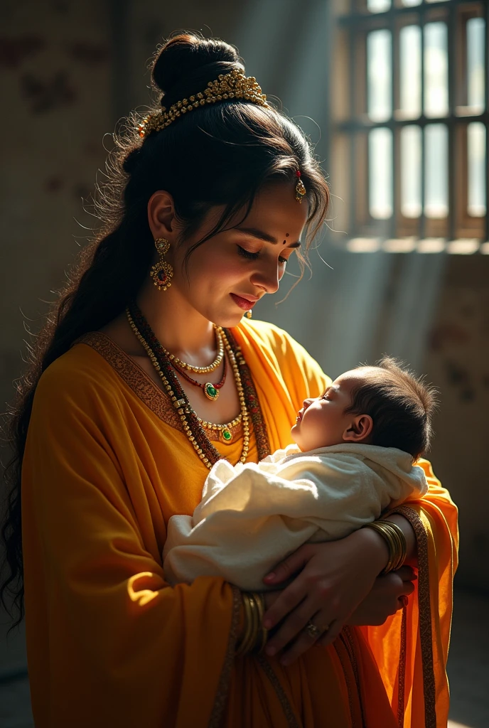 Lord Krishna born in prison her mother holding him on his two hands