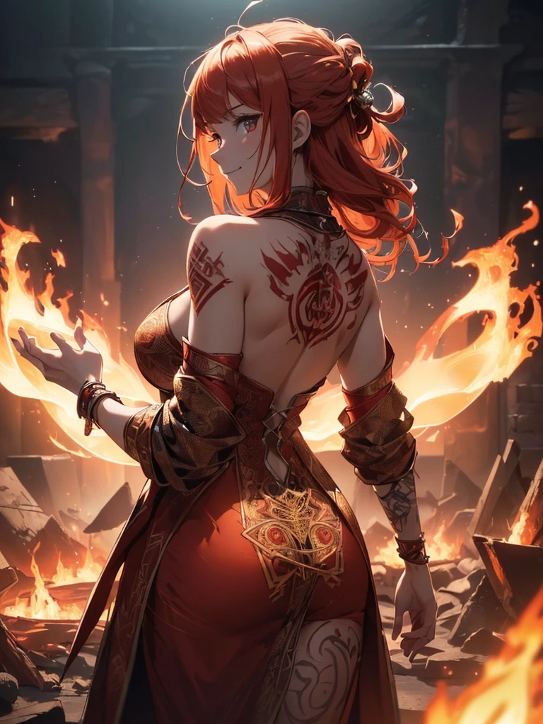 (((best quality, sharp image, clear image, cinematic lighting, 8k resolution, masterpiece, ultra detailed, intricate))) Girl, ((shot from behind)), ((close up)), look at viewer, fire mage, ((intricate background)), ((chaotic background)), red hair, smiling, ((flame runes, flame sigils)), (tatoo on back), slim figure, flying sigils, long dress, cute