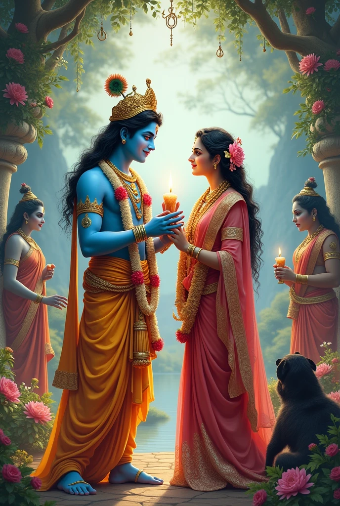 Shri Krishna celebrating his birthday with Radha Rani in front of Brahma Vishnu and Maheshwar