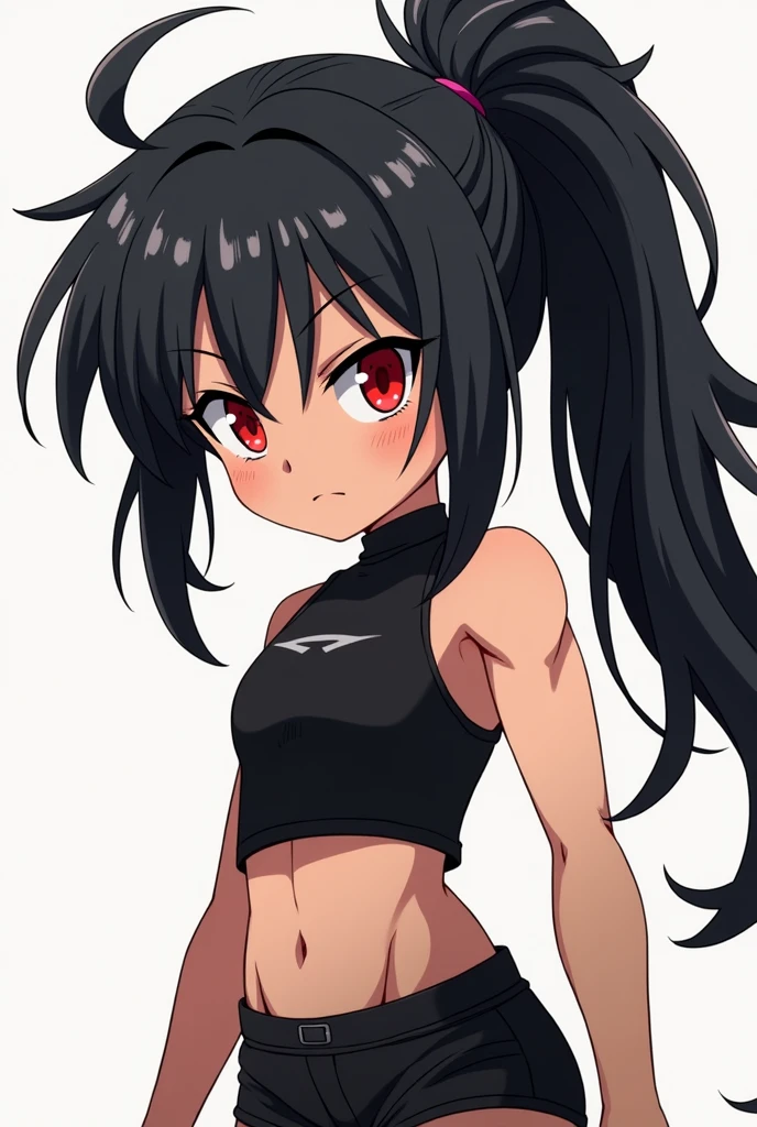 Child girl anime with spiky black long hair in the side and eyes red,her clothes is black she have personality agressive,and physical athletic,she's dont' have breasts