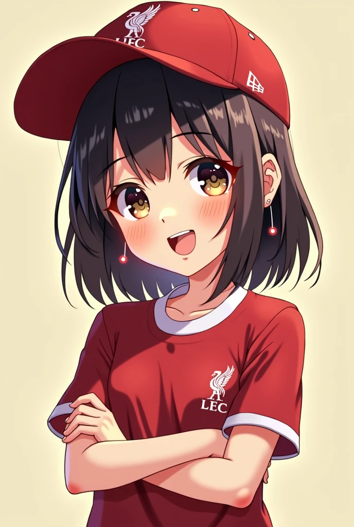 cute anime girl, 1girl, child, young, smiling, wide smile, wide-mouthed, liverpool cap, liverpool shirt, standing, arms crossed, cold expression, masterpiece, 8k, ultra-detailed, realistic, photorealistic, highly detailed, vibrant colors, soft lighting, sharp focus