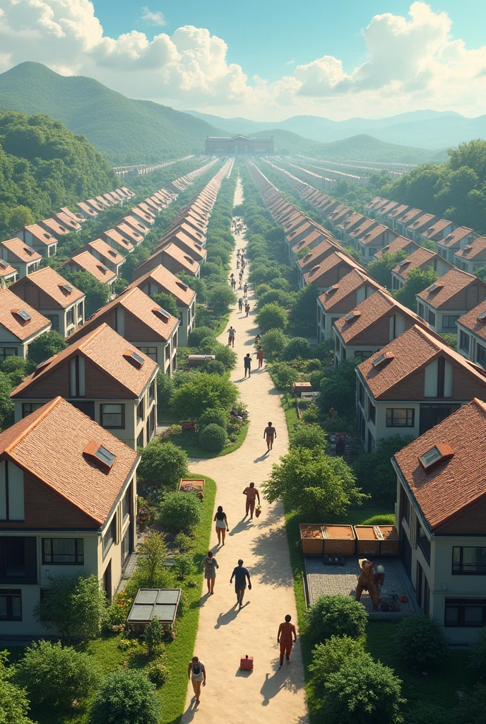 A technologically advanced world with many identical houses, good weather, many people and enough work  