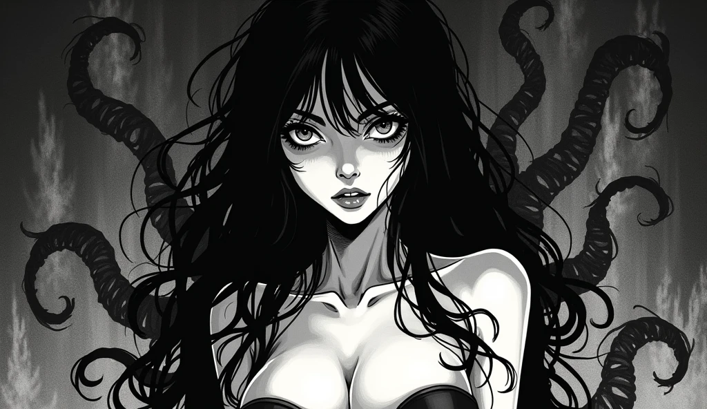 A black and white manga-style illustration reminiscent of Junji Ito's horror works. The scene features a young, sexy woman with a frightening presence AND SENSUAL CLOTHES, but attractive. She has long, flowing dark hair AND BIG BREASTS that subtly merge with shadowy locks crawling around her. Her eyes are wide, intense and strangely captivating, conveying beauty and an unsettling sense of dread. His facial expression is enigmatic, suggesting something sinister beneath his outward allure. The background is dark and atmospheric, with detailed textures including organic shapes and surreal, twisted elements. The overall tone should be gothic, mysterious and full of unnerving tension, while remaining true to the horror essence that defines Junji Ito's style.