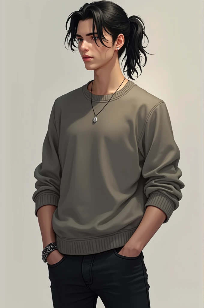 Young man, black hair with a ponytail, wears a Pullover and black jeans
