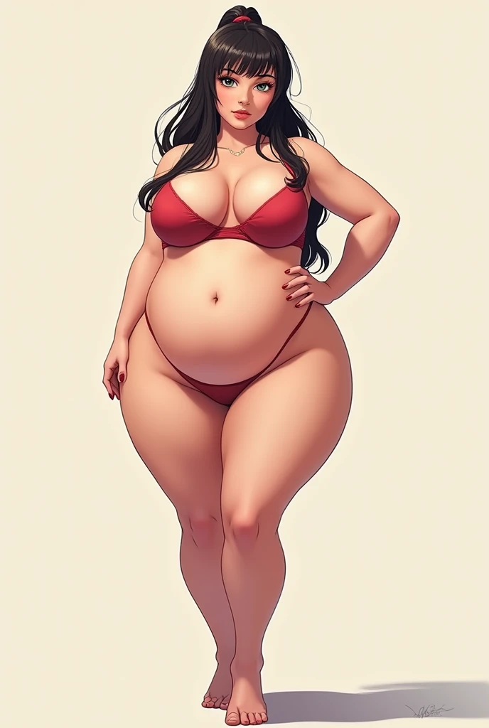 Make a clothed girl with big boobs and a very big butt and hips in anime style