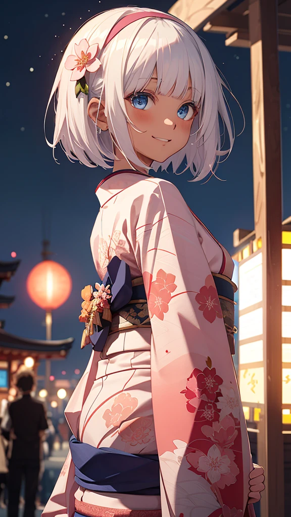 Highest quality、masterpiece、from the front、upper body, a girl、独奏, Beautiful silver hair、((((Very short hair))))、Blue eyes、(hair band)、((Blunt bangs)), ((Medium Chest)), 24-years-old, (tsurime), Tight waist, slender、Anime Style、Natural smile、Very cute face、 sexy pose, bewitching pose, Cute pose、night、Fireworks display、大きくてカラフルな花火がnight空に上がる、A large number of people、Japan Shrine Festival、((A colorful pink kimono))、Long flower hair ornament、Shallow depth of field,