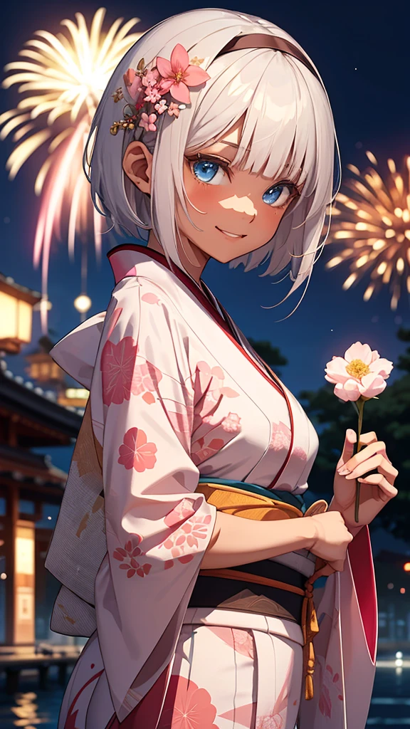 Highest quality、masterpiece、from the front、upper body, a girl、独奏, Beautiful silver hair、((((Very short hair))))、Blue eyes、(hair band)、((Blunt bangs)), ((Medium Chest)), 24-years-old, (tsurime), Tight waist, slender、Anime Style、Natural smile、Very cute face、 sexy pose, bewitching pose, Cute pose、night、Fireworks display、大きくてカラフルな花火がnight空に上がる、A large number of people、Japan Shrine Festival、((A colorful pink kimono))、Long flower hair ornament、Shallow depth of field,