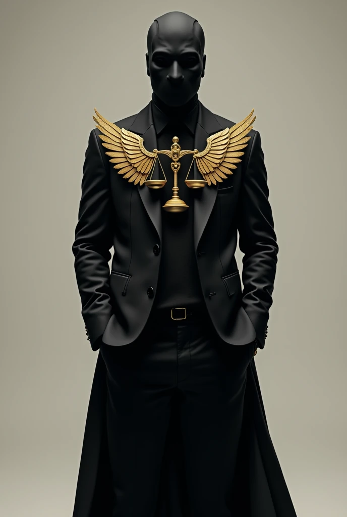 A full-body image of a man wearing a black suit and a black mask. The mask has a golden scale symbol printed on it. The suit also features a large golden scale design that starts at the beginning of the stomach area and extends outward. The scale’s plates stretch across his arms, reaching almost to the ends of the sleeves,