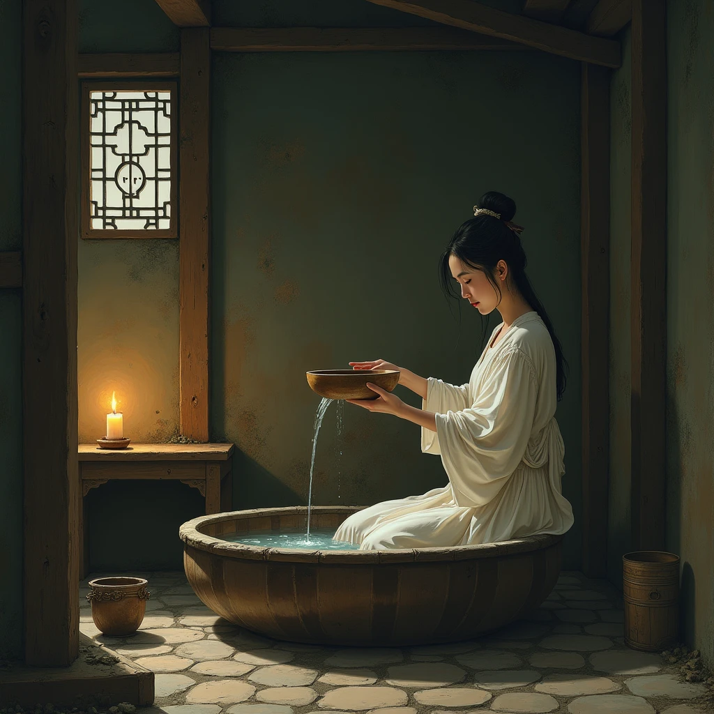 In ancient China during the Tang Dynasty, a young woman is bathing in a small, old and rotten room. She is lifting a wooden bowl to scoop water and pour it over herself. The atmosphere is lit by a single candle.