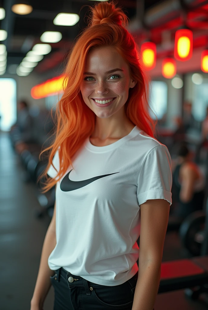woman between 20 and 30 years old, with a toned body, Red hair, green eyes, with a big smile, freckles on his face, an electric gym, looking directly into the viewer&#39;s eyes wearing a Nike t-shirt and black jeans