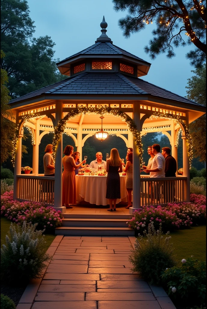 Create a party space with a gazebo with lights and flowers 
