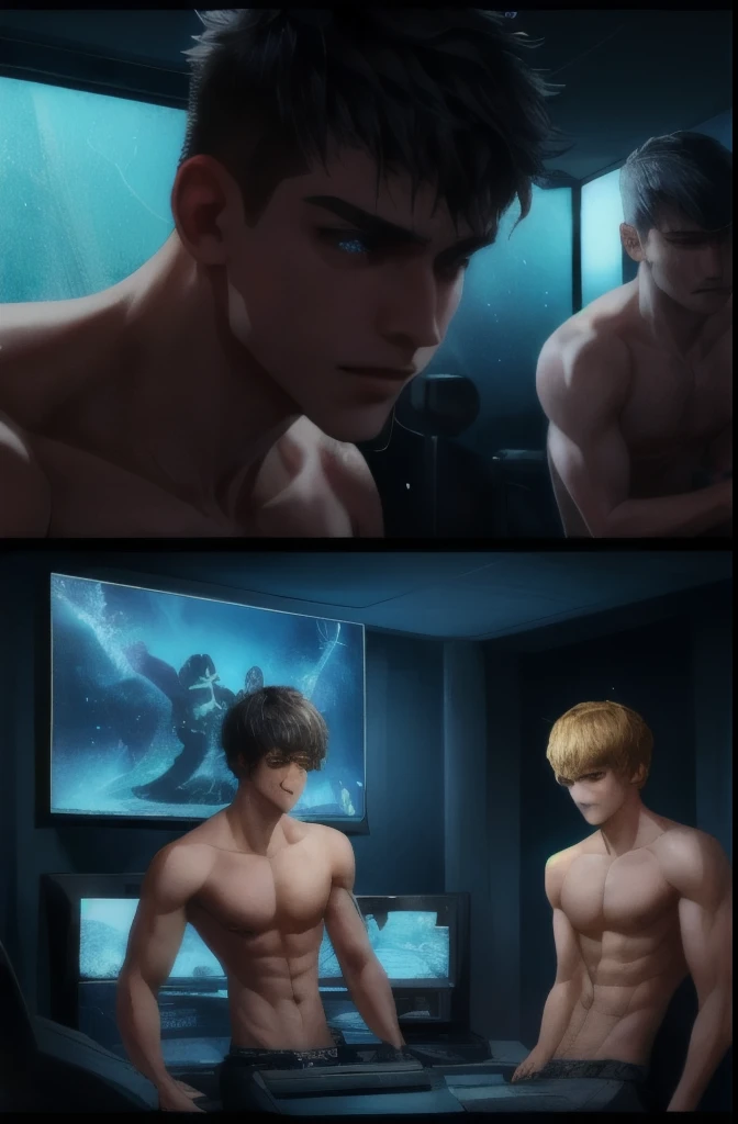 Three young, shirtless boys huddled around a gaming console, their faces flushed with excitement and curiosity. Each boy has a different hairstyle, one with spiky hair, another with a buzzcut, and the third with a shaggy mop, all contributing to their unique gamer personas. Their bare chests glisten with sweat as they lean in, their eyes glued to the screen, which displays a lewd video game scene. The center boy, the one with the spiky hair, is particularly engrossed, his gaze transfixed on the pixelated character's task. His hand, slightly trembling, holds a controller, his thumb hovering over the button that will make the on-screen character perform an obscene act. The other two, with their fingers poised on the buttons as well, look to their friend for cue, their expressions a mix of anticipation and mischief. The room around them is cluttered with snack wrappers and soda cans, a testament to their marathon gaming session. The moment is charged with tension as they collectively decide to advance the game to the next level, where they will be asked to simulate sucking a penis. The buzzcut boy nudges the shaggy-haired one, whispering something in his ear, causing all three to burst into fits of giggles, their nervousness momentarily breaking the tension. The dim lighting casts shadows on their toned abs and the room's walls are adorned with posters of their favorite games, creating an atmosphere that is both electrifying and intimate.