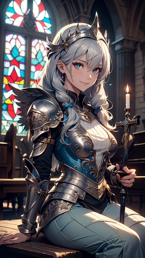(Official art、Best Quality、Unity 8k Wallpapers、32K、masterpiece、ultra-detailliert、超A high resolution、realisitic、Photorealsitic、Very ridiculous:1.2)、(Cinematic lighting:1.2)、Fireglow effect、film grains、Best Shadows、sideshot、sideways Facing、Rim lighting、side lights、(Ultra-detailed and complex 3D rendering)、Detailed beautiful face and eyes、Sharp pupils、Realistic pupils、A slender、1Man Woman、Medium bust、(cowboy shot:1.2)、 beauitful face、1 beautiful girl、(super detailed skin、detailed skin textures:1.3)、(silver blond、Blue-silver hair:1.3)、Paladin、Longhaire、Blunt bangs、Green eyes、3 braids in 1 bunch、(Blue Armor、Blue Boots、Blue helmet、Jeweled、Gold embroidery)、A slender、Maxi skirt、(thighs thighs thighs thighs:0.8)、(chies、in a house、Artistic stained glass、Large pipe organ、crosses、Hello Point、Mystical、a lot of feathers float、angelicales、Particles of light、solemnity、Sunlight is、colourfull、Fantastical:1.2)、(Fantastical:1.3)、(sideways Facing、fit hands、Virgin sitting:1.4)、(Holding the Holy Sword:1.2)、Fantastical、Smiling smile