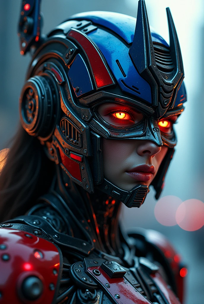 Female Optimus Prime, highly detailed portrait, cyberpunk, sci-fi, dramatic lighting, epic, 8k, hyper realistic, photorealistic, masterpiece, extremely detailed face and eyes, beautiful intricate metallic details, dramatic pose, moody atmosphere, neon city background, dynamic composition