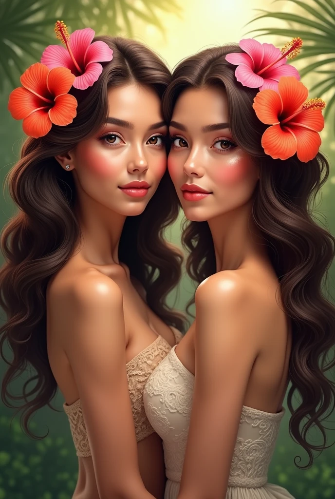 two women with hibiscus flowers in their hair