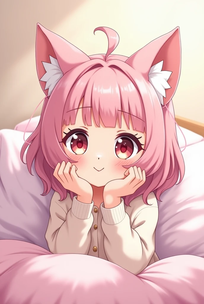 Create a 2d image of a cute neko anime girl smiling with pastel pink hair doing asmr 