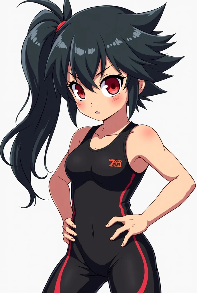 Child girl anime  with spiky black long hair in the side and eyes red,her clothes is black  she have personality agressive,and physical athletic,she's dont' have breasts
