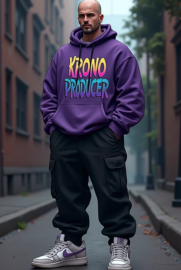 Dark man 1,80 tall, thin, bald, little beard, purple sweatshirt with urban graffiti-type letters that say Krono producer, black baggy pants, white sneakers, cartoon