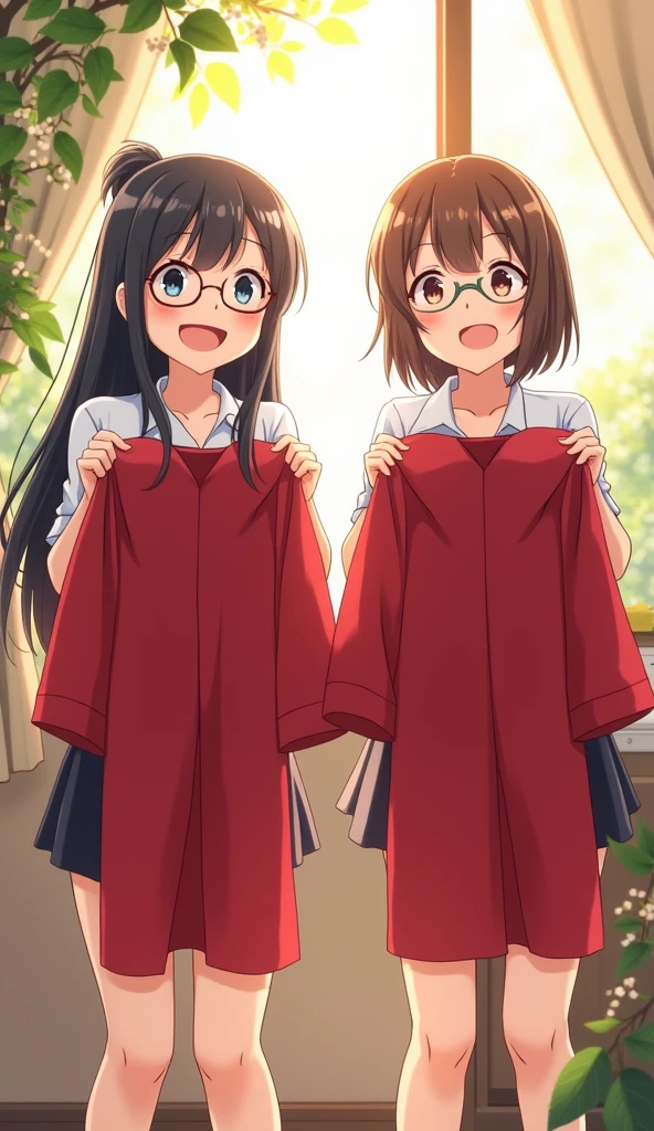 Anime images"Two girls are standing in a student dormitory. The room is brightly lit by the light from the window. The background is decorated with beautifully arranged leaves and flowers, adding to the bright and lovely atmosphere. The first girl has long, shiny black hair, neatly tied up with bangs, and wears round glasses, a white shirt, and a black skirt. The second girl has short, brown hair, no bangs, and no glasses. The two are talking and laughing happily, while holding a red long-sleeved graduation gown in each hand, showing excitement and happiness in preparing for the special day."