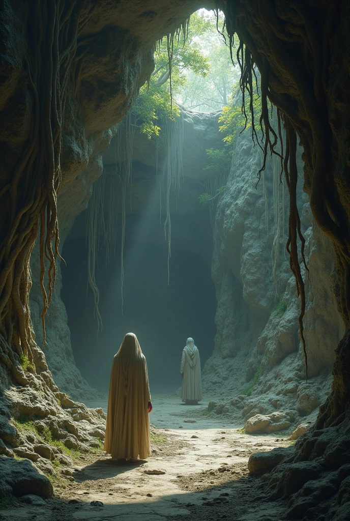 create a scenario inside a cave that has roots on the wall and some holes in the floor and walls too