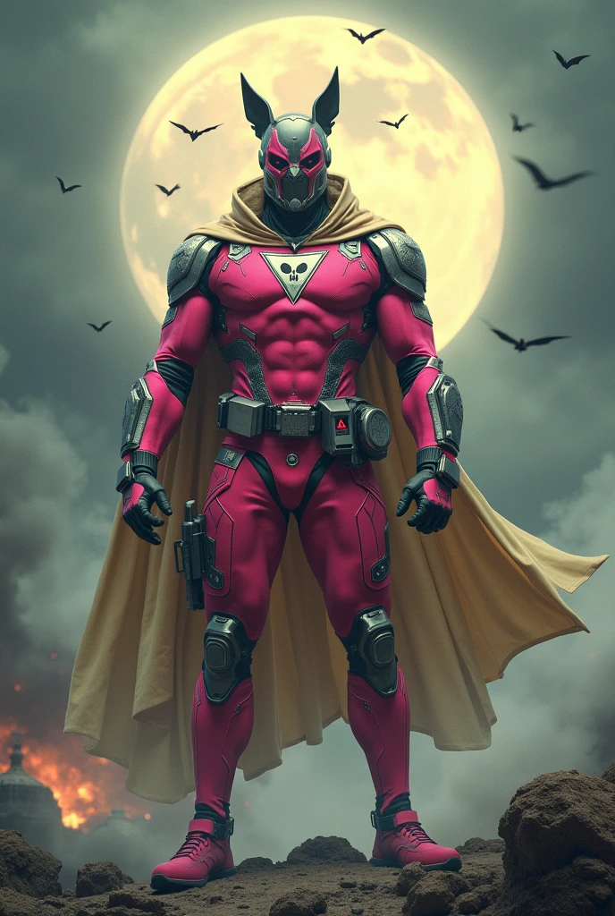 high-tech suit, vivid effects, malaysian superhero (KELUANG MAN) in a striking pink and beige costume cyberpunk design, mask small mini bat ear beige, daredevil biage mask, jumpsuit dark pink stands confidently in a dramatic, stormy landscape. ((Head covered node guard like batman , athletic body type, small mini ear bat mask))The character wears domino mask a helmet with pointed mini torn ears and a flowing cape biege, open nose and mouth. Equipped with visible futuristic weapons on a belt,bullet proof jacket pink dark day, dark night, big supermoon effect .logo on chest triangle shape small punisher logo center triangle cyber logo center on chest pink logo mini logo . rocky. Building top.smoke ground , bomb effect background, adding to --ar 3:4 --style raw --stylize 500 --v 6.1. chaos. Lot of small flying bat .