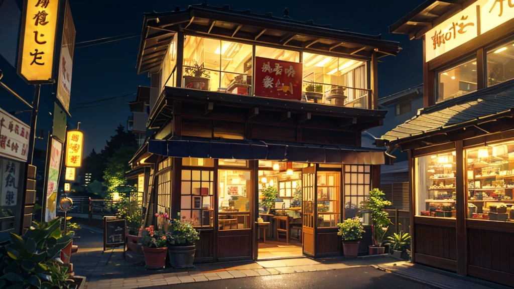 Japanese Animation, High Detail, wallpaper, (((nobody))), Japanese street side，Coffee Shop，flower shop，Sushi restaurant，Soft neon lights，Width，plant，flowerpot