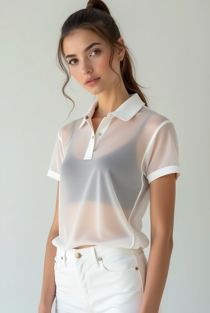 Make a woman transparent white polo shirt
