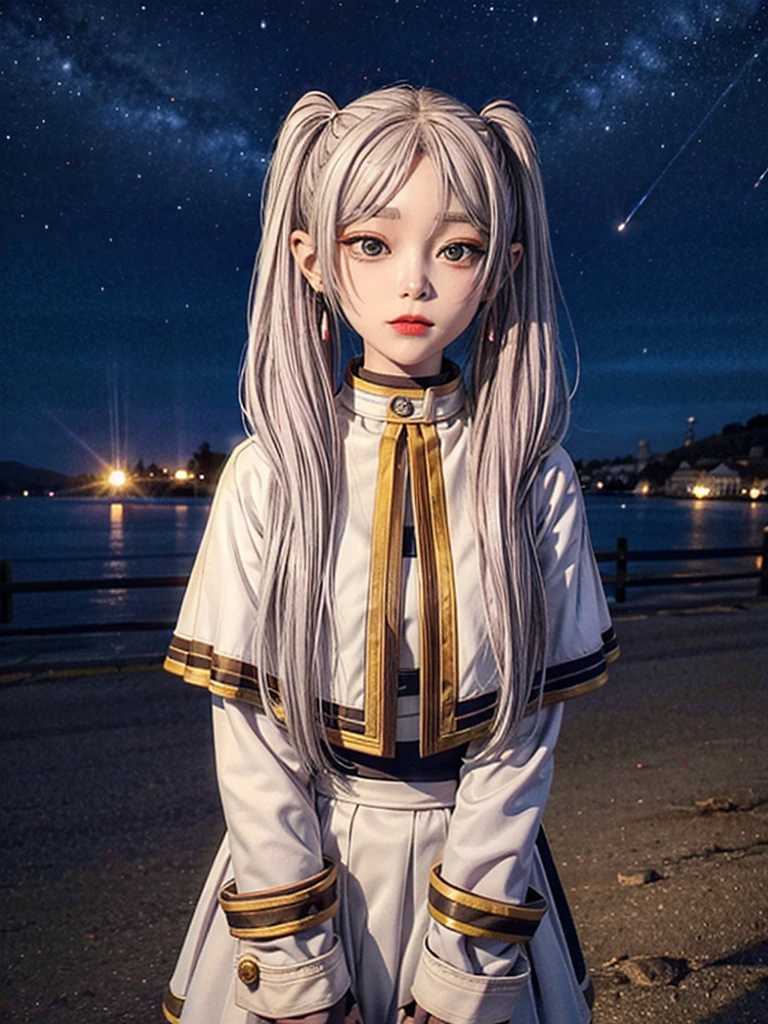 One person,alone,Fairy,Gray Hair, Grey Hair, Earrings, Pointed Ears, Long Hair, ponytail, Green Eyes, Twin tails, Parted bangs, Thick eyebrows,
Capelet with collar, White capelet, Striped shirt, Long sleeve,Striped, White Skirt,
pantyhose,
Night Sky, performer, Milky Way, milky way,