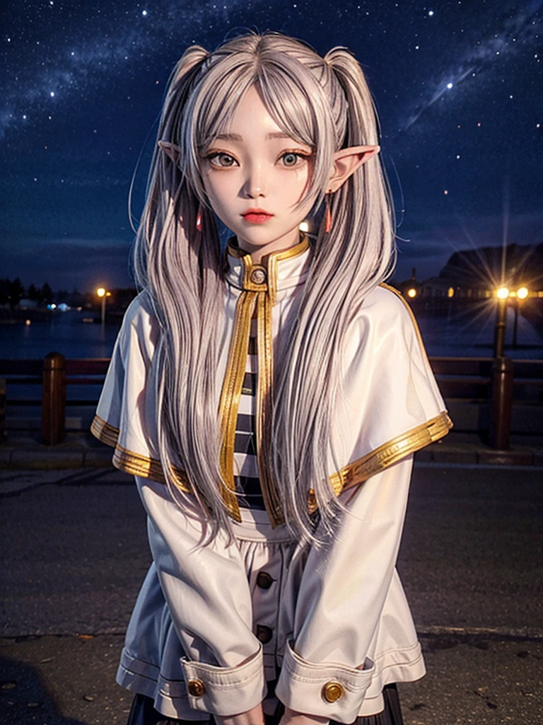 One person,alone,Fairy,Gray Hair, Grey Hair, Earrings, Pointed Ears, Long Hair, ponytail, Green Eyes, Twin tails, Parted bangs, Thick eyebrows,
Capelet with collar, White capelet, Striped shirt, Long sleeve,Striped, White Skirt,
pantyhose,
Night Sky, performer, Milky Way, milky way,