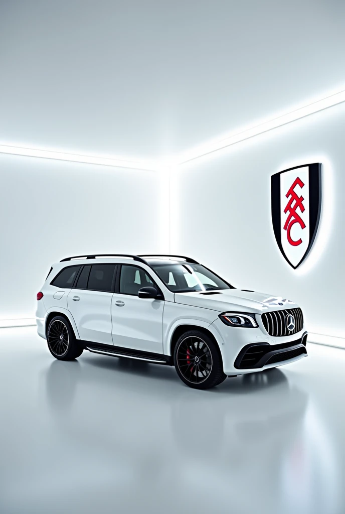 White Mercedec benz gls 63 amg in the white room whith white and black neon lights. And background there is fulham football club's logo on the wall