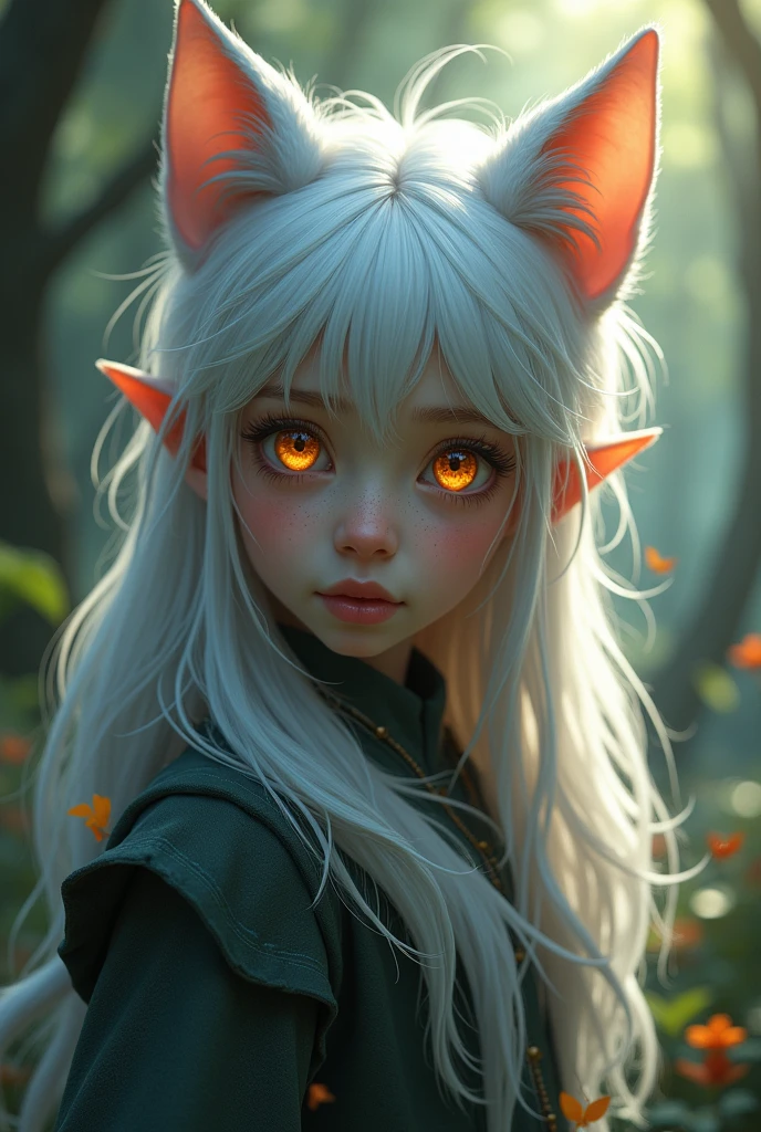 A boy with cat ears with golden eyes with long silver hair