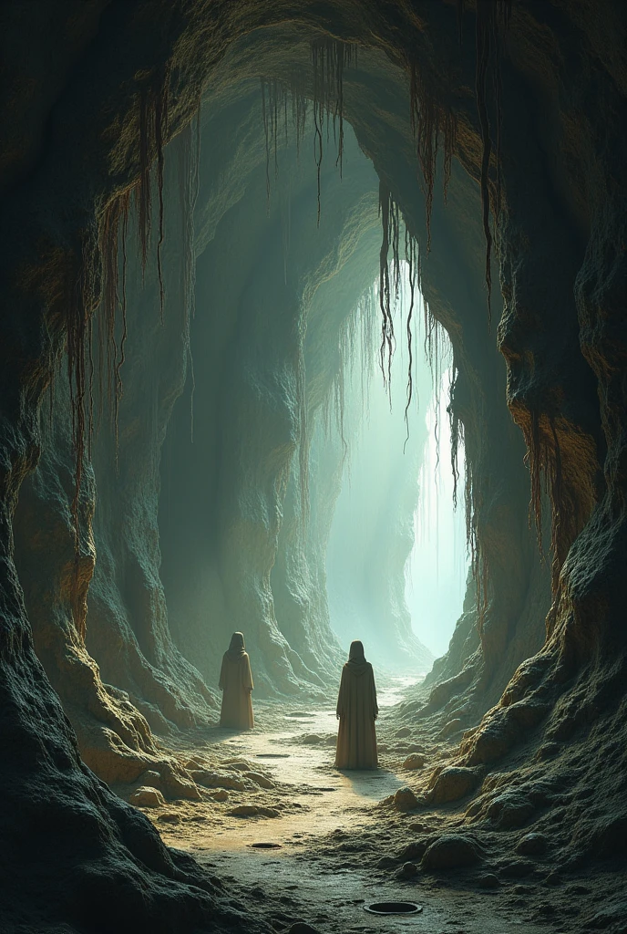 create a scenario inside a cave that has roots on the wall and some holes in the floor and walls too