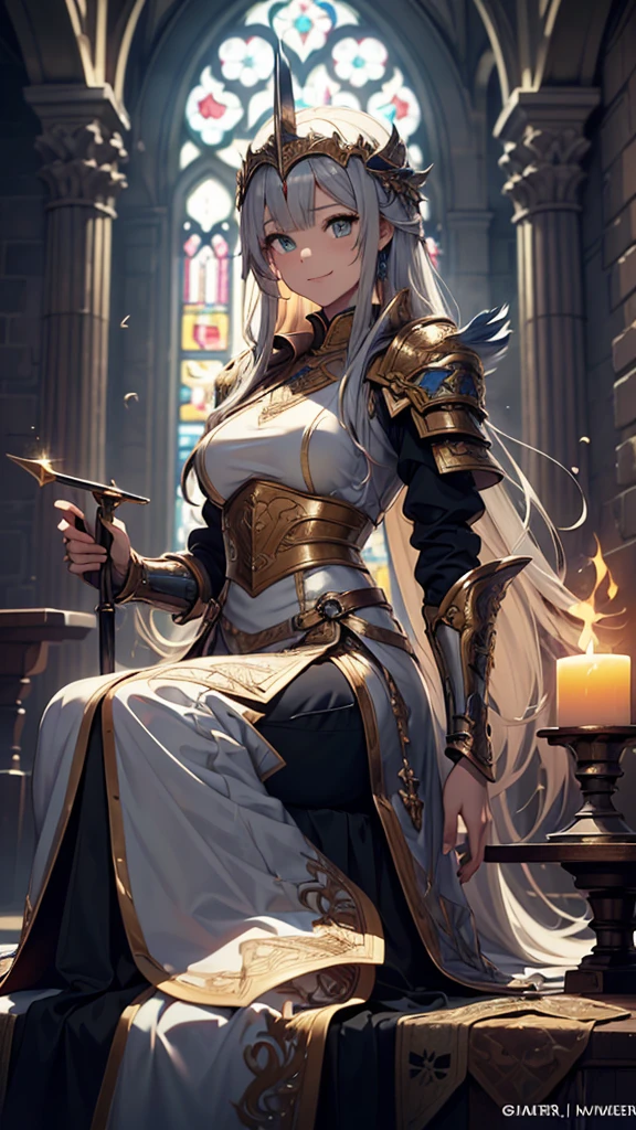 (Official Art、Highest quality、Unity 8k wallpaper、32K、masterpiece、Ultra-detailed、Ultra-high resolution、Realistic、Photorealistic、So ridiculous:1.2)、(Cinema Lighting:1.2)、Fire Glow Effect、Film Grain、Best Shadow、Side Shot、Landscape、Rim Light、Side light、(Highly detailed and intricate 3D rendering)、細部までBeautiful Faceと目、Sharp pupils、Realistic生徒、Slender、1men and women、Medium Bust、(Cowboy Shot:1.2)、 Beautiful Face、1 beautiful girl、(Highly detailed skin、Detailed skin texture:1.3)、(Silver Blonde、Blue-silver hair:1.3)、Paladin、Long Hair、Blunt bangs、Green Eyes、3 braids per bundle、(Blue Armor、Blue Boots、Blue Helmet、gem、Gold embroidery)、Slender、Maxi Skirt、(Thighs Thighs Thighs Thighs:0.8)、(cheese、in house、Artistic stained glass、Large Pipe Organ、cross、Hello Point、Mysterious、Many feathers floating、Angelic、Particles of light、Solemn、Nikko is、colorful、Fantasy:1.2)、(Fantasy:1.3)、(Landscape、Fitted hands、Virgin sitting:1.4)、(With the holy sword in hand:1.2)、Fantasy、A cheerful smile