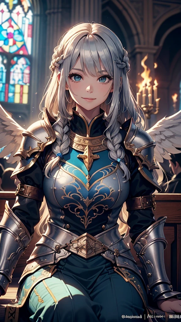 (Official Art、Highest quality、Unity 8k wallpaper、32K、masterpiece、Ultra-detailed、Ultra-high resolution、Realistic、Photorealistic、So ridiculous:1.2)、(Cinema Lighting:1.2)、Fire Glow Effect、Film Grain、Best Shadow、Side Shot、Landscape、Rim Light、Side light、(Highly detailed and intricate 3D rendering)、細部までBeautiful Faceと目、Sharp pupils、Realistic生徒、Slender、1men and women、Medium Bust、(Cowboy Shot:1.2)、 Beautiful Face、1 beautiful girl、(Highly detailed skin、Detailed skin texture:1.3)、(Silver Blonde、Blue-silver hair:1.3)、Paladin、Long Hair、Blunt bangs、Green Eyes、3 braids per bundle、(Blue Armor、Blue Boots、Blue Helmet、gem、Gold embroidery)、Slender、Maxi Skirt、(Thighs Thighs Thighs Thighs:0.8)、(cheese、in house、Artistic stained glass、Large Pipe Organ、cross、Hello Point、Mysterious、Many feathers floating、Angelic、Particles of light、Solemn、Nikko is、colorful、Fantasy:1.2)、(Fantasy:1.3)、(Landscape、Fitted hands、Virgin sitting:1.4)、(With the holy sword in hand:1.2)、Fantasy、A cheerful smile