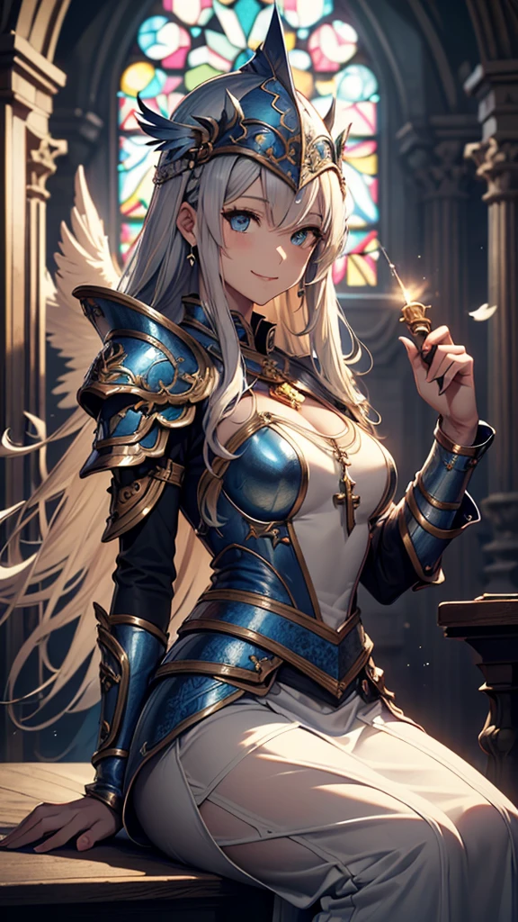 (Official Art、Highest quality、Unity 8k wallpaper、32K、masterpiece、Ultra-detailed、Ultra-high resolution、Realistic、Photorealistic、So ridiculous:1.2)、(Cinema Lighting:1.2)、Fire Glow Effect、Film Grain、Best Shadow、Side Shot、Landscape、Rim Light、Side light、(Highly detailed and intricate 3D rendering)、細部までBeautiful Faceと目、Sharp pupils、Realistic生徒、Slender、1men and women、Medium Bust、(Cowboy Shot:1.2)、 Beautiful Face、1 beautiful girl、(Highly detailed skin、Detailed skin texture:1.3)、(Silver Blonde、Blue-silver hair:1.3)、Paladin、Long Hair、Blunt bangs、Green Eyes、3 braids per bundle、(Blue Armor、Blue Boots、Blue Helmet、gem、Gold embroidery)、Slender、Maxi Skirt、(Thighs Thighs Thighs Thighs:0.8)、(cheese、in house、Artistic stained glass、Large Pipe Organ、cross、Hello Point、Mysterious、Many feathers floating、Angelic、Particles of light、Solemn、Nikko is、colorful、Fantasy:1.2)、(Fantasy:1.3)、(Landscape、Fitted hands、Virgin sitting:1.4)、(With the holy sword in hand:1.2)、Fantasy、A cheerful smile