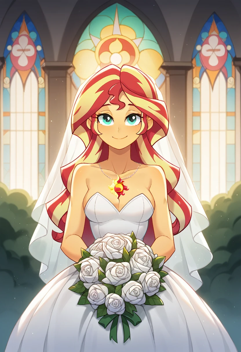 Sunset Shimmer de Equestria Girls con el by the width, looking at the viewer with half of the face, Sunset, Oceanfront, by the width, pretty eyes, beautiful face, small breasts, white wedding dress, Sunset, Baroque church, Church with stained glass windows, Beautiful smile, beautiful face, with a white bouquet of flowers in her hands