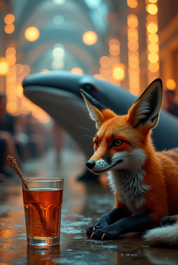 A fox and a whale drinking cachaça and enjoying a fashion show 