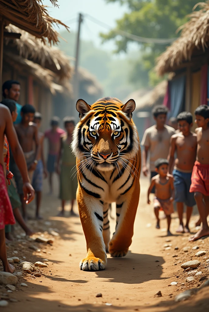 Create a tiger walking in a village surrounded by people 