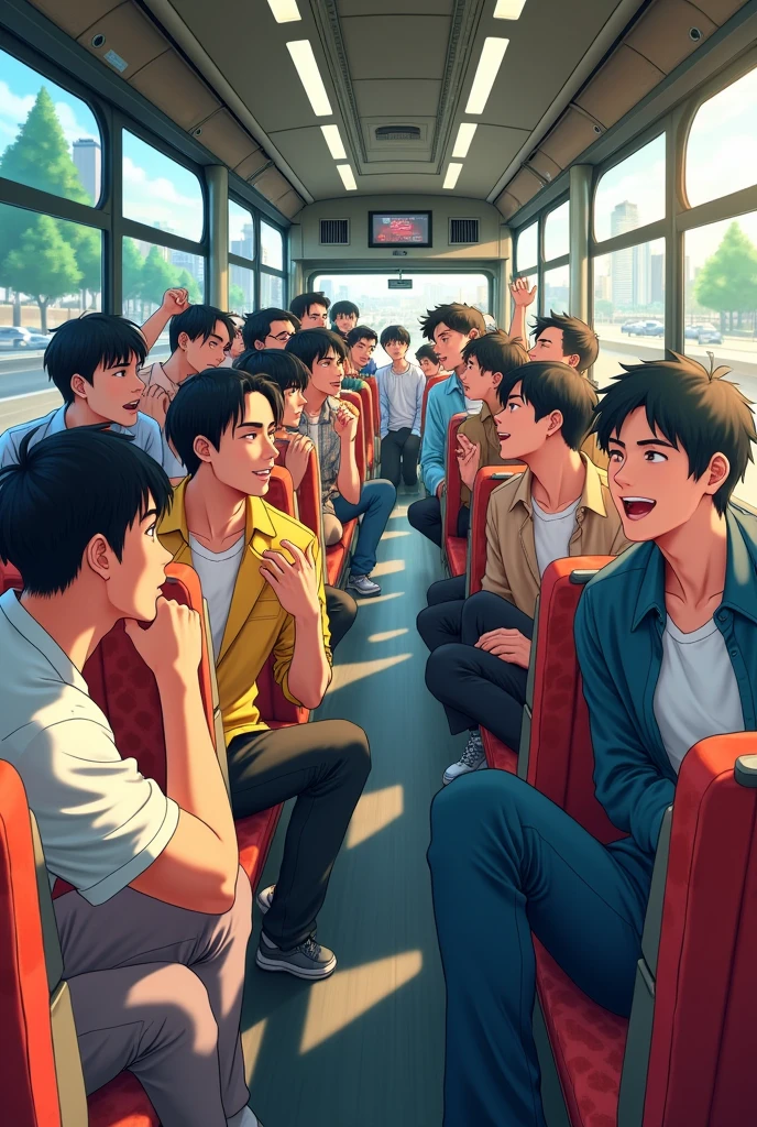 　Tourist bus seats　many people　Japan Bus　　Boys in their 20s group　Gay