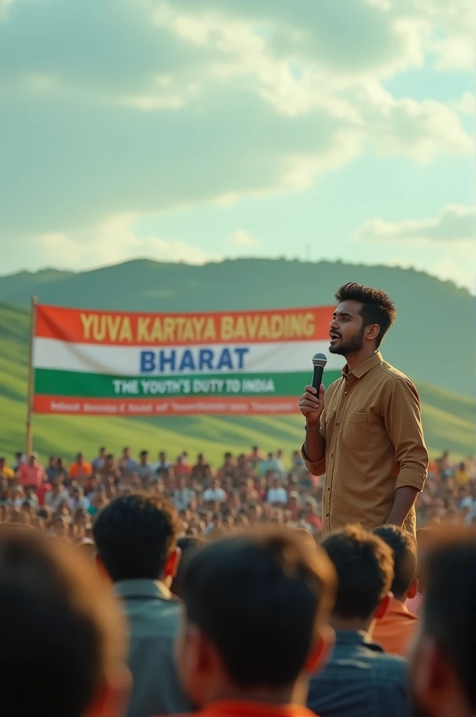 In a big field in India, a young leader is giving a speech in mic Display it in bold letters on a banner behind the person giving the speech YUVA KARTAVYA BHARAT