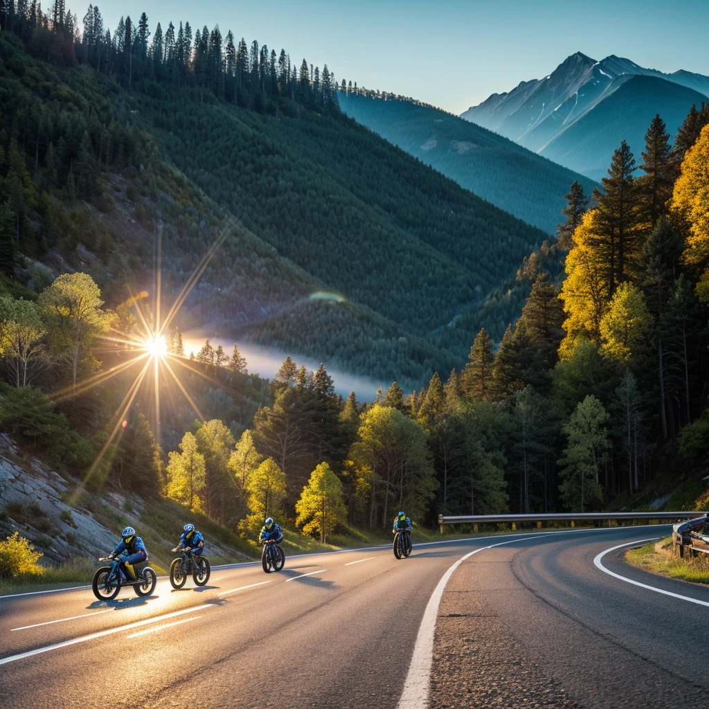 A group of bikers with advanvce safety gear, profile ridding, Multi color bikes, sprinting on a mountain highway, blue hour time, Spring season , Prime Lense Landscape Shot, Sun glare on lense