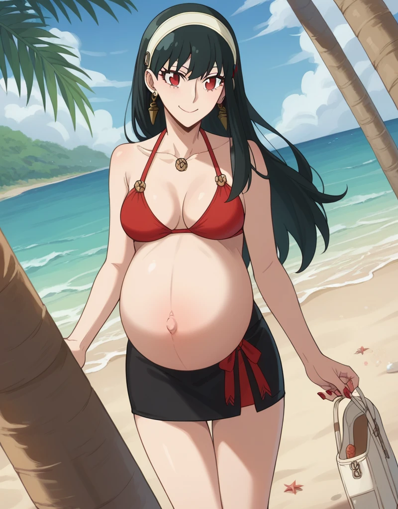 score_9, score_8_up, score_7_up, source_anime,
yorbriar, yor briar, black hair, red eyes, earrings, white hairband, hairband, long hair, sidelocks,
bare shoulders, bikini, mini skirt, thighs,
Beach, smile, Smiling, Heels 
looking at viewer, dutch angle, cowboy shot, pregnant, huge belly, Nail polish,