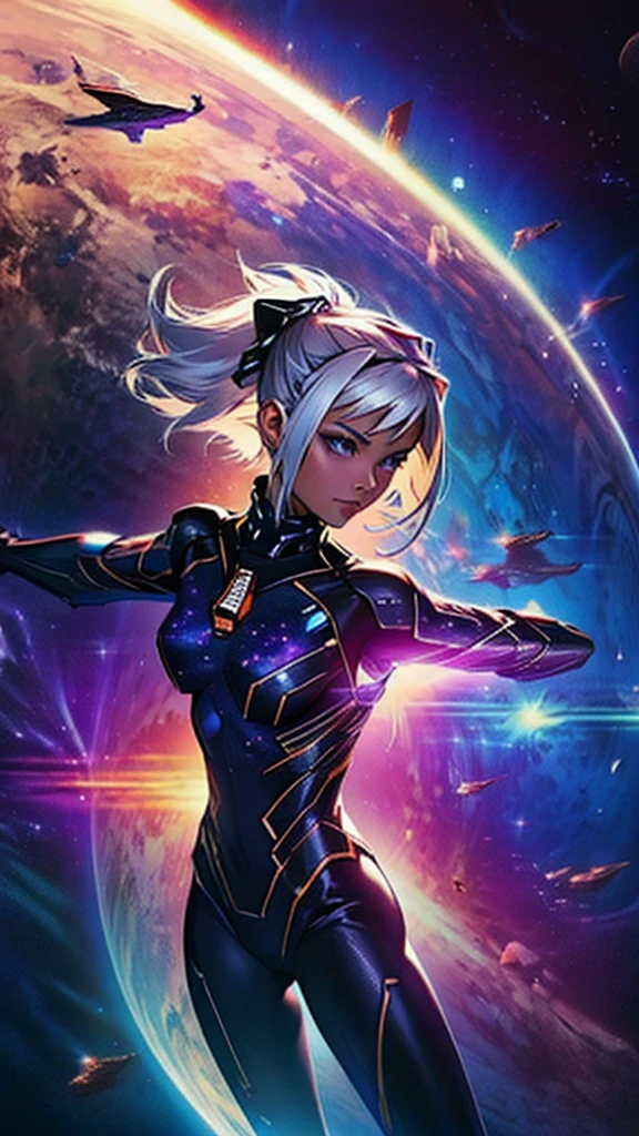 A woman in a cosmic landscape in the galaxy