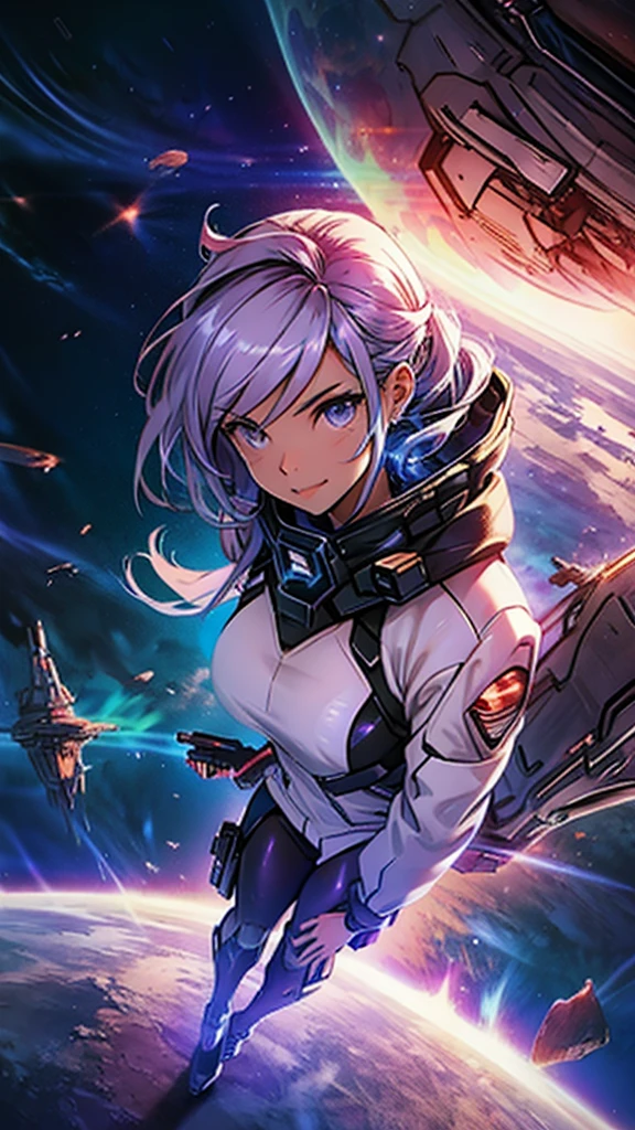 (((masterpiece、Top image quality、top-quality、highly detailed unity 8kwall-paper)))、((Illustration of one girl))、(pilot)、(((blue silver short hair)))、Red eyes、((Tall))、(((Muscle Girl、Muscular and strong body、abdominals、muscular and thick arms、muscular and thick legs、stocky build、muscular legs、broad shoulders))))、(((白いpilotスーツ)))、((manspreading、Sitting in the cockpit))、((space fighter cockpit、The Universe on the Monitor、Earth seen from space))