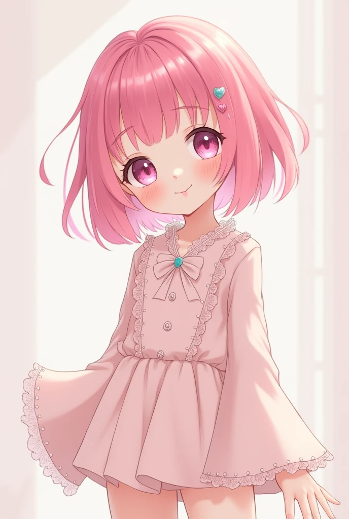 make an anime style boy, with pink hair, light and white skin, pink eyes, delicate features, pink cheeks and lips, thighs, round hips and butt, shoulders, arms, small torso and waist and thin, cute clothing