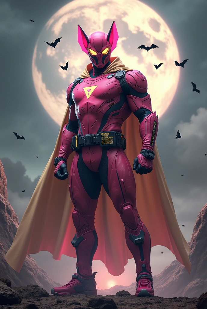 high-tech suit, vivid effects, malaysian superhero (KELUANG MAN) in a striking pink and beige costume cyberpunk design, mask small mini bat ear beige, daredevil biage mask, jumpsuit dark pink stands confidently in a dramatic, stormy landscape. ((Head covered node guard like batman , athletic body type, small mini ear bat mask))The character wears domino mask a helmet with pointed mini torn ears and a flowing cape biege, open nose and mouth. Equipped with visible futuristic weapons on a belt,bullet proof jacket pink dark day, dark night, big supermoon effect .logo on chest triangle shape small punisher logo center triangle cyber logo center on chest pink logo mini logo . rocky. Building top.smoke ground , bomb effect background, adding to --ar 3:4 --style raw --stylize 500 --v 6.1. chaos. Lot of small flying bat .