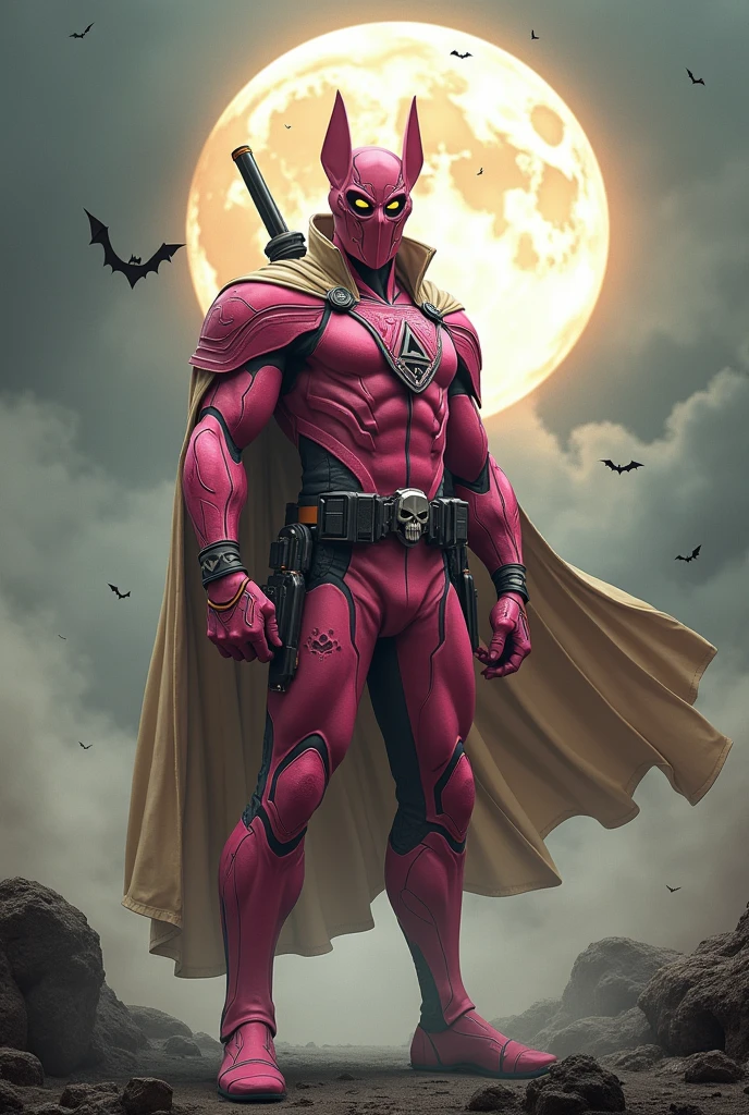 high-tech suit, vivid effects, malaysian superhero (KELUANG MAN) in a striking pink and beige costume cyberpunk design, mask small mini bat ear beige, daredevil biage mask, jumpsuit dark pink stands confidently in a dramatic, stormy landscape. ((Head covered node guard like batman , athletic body type, small mini ear bat mask))The character wears domino mask a helmet with pointed mini torn ears and a flowing cape biege, open nose and mouth. Equipped with visible futuristic weapons on a belt,bullet proof jacket pink dark day, dark night, big supermoon effect .logo on chest triangle shape small punisher logo center triangle cyber logo center on chest pink logo mini logo . rocky. Building top.smoke ground , bomb effect background, adding to --ar 3:4 --style raw --stylize 500 --v 6.1. chaos. Lot of small flying bat .